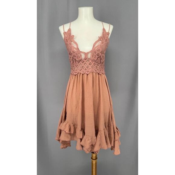 Free People Dress Womens Large Dusty Rose Adella Slip Lace Fairy Boho Coquette - Picture 1 of 14